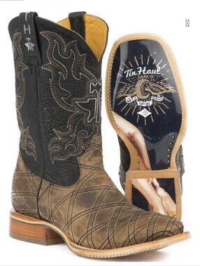 TIN HAUL men's "What's Your Angle" square toe cowboy boot PinUp sz 7.5 EE Wide